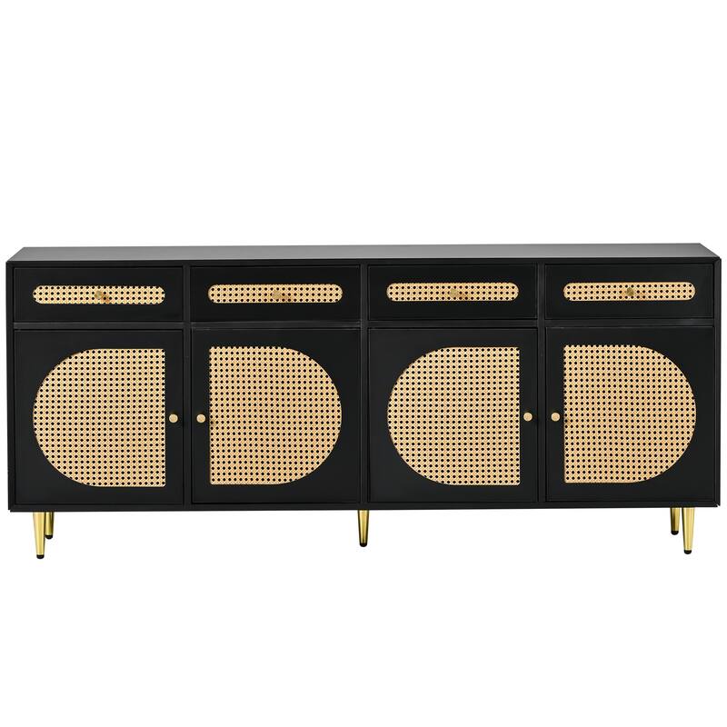 Modern TV Stand with Rattan and Adjustable Shelves, Golden